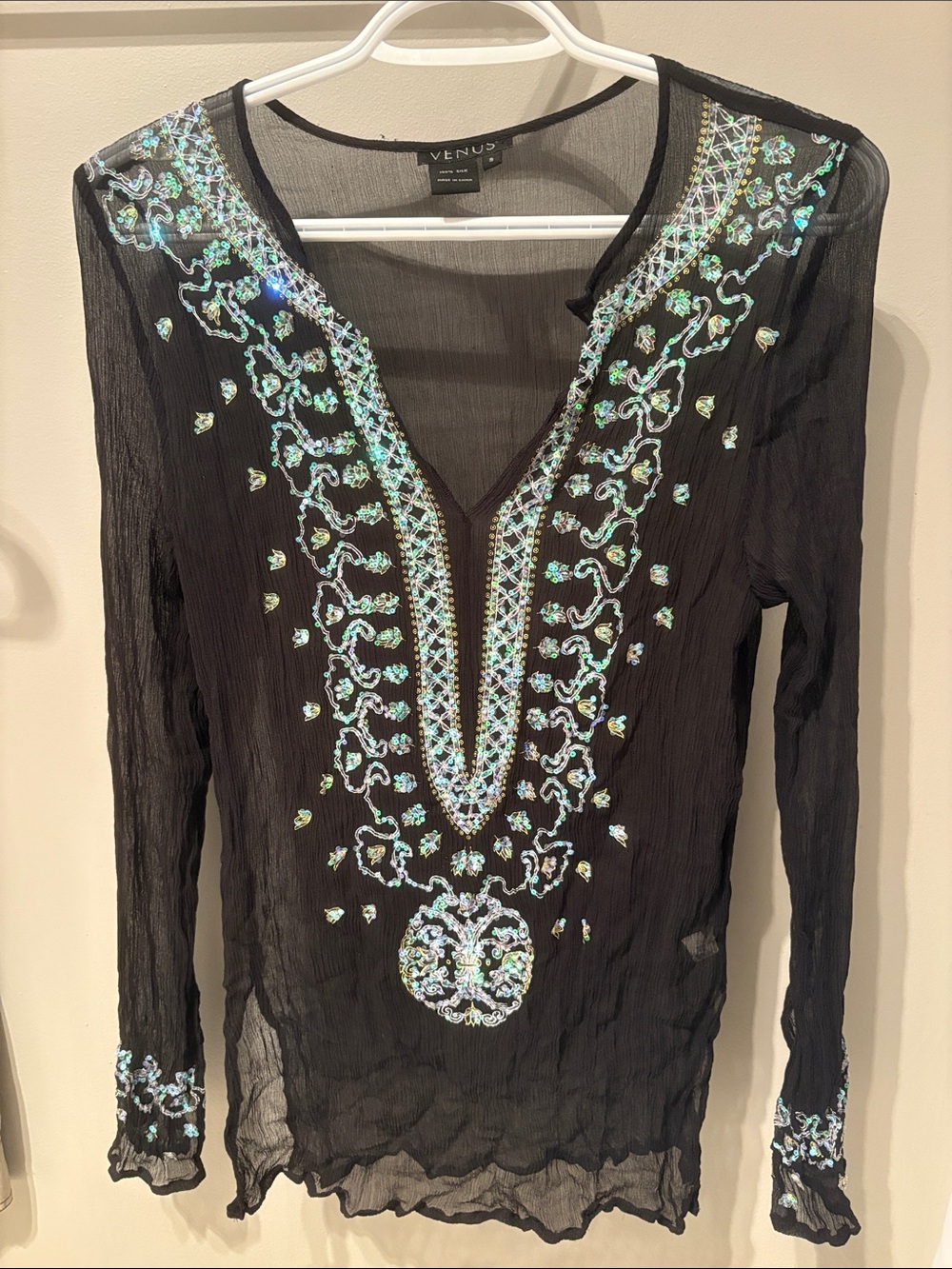 100% Silk VENUS Black Sheer Tunic/ Cover-up with Iridescent Aqua Embellishment